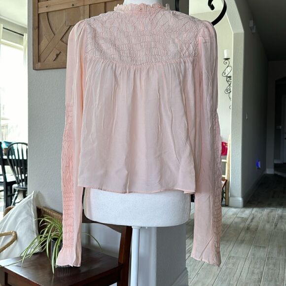 NWOT Free People Smocked In Time Top Ruffled High Neck Long Sleeves XS Feminine - Picture 4 of 16